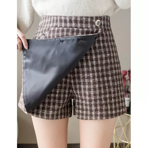 IDEALSANXUN Wool Plaid Skort for Women High Waisted Pencil Asymmetrical Fall Winter Skirt ShortsCoffee