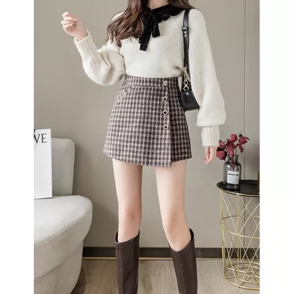 IDEALSANXUN Wool Plaid Skort for Women High Waisted Pencil Asymmetrical Fall Winter Skirt ShortsCoffee