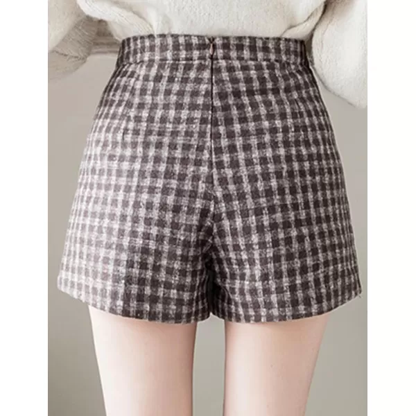 IDEALSANXUN Wool Plaid Skort for Women High Waisted Pencil Asymmetrical Fall Winter Skirt ShortsCoffee