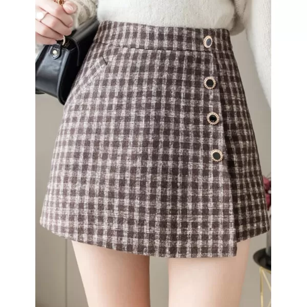 IDEALSANXUN Wool Plaid Skort for Women High Waisted Pencil Asymmetrical Fall Winter Skirt ShortsCoffee