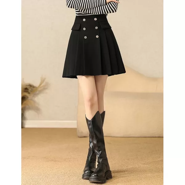 IDEALSANXUN Wool Pleated Knee Length Skirt for Women High Waisted Flared A Line Fall Winter Skirt2 Black