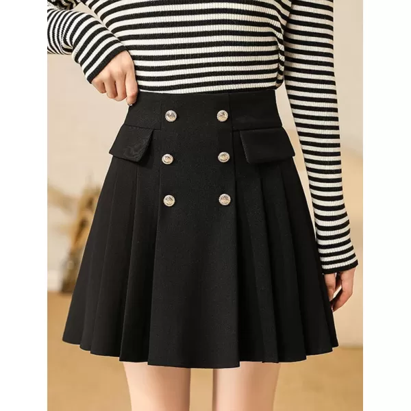 IDEALSANXUN Wool Pleated Knee Length Skirt for Women High Waisted Flared A Line Fall Winter Skirt2 Black