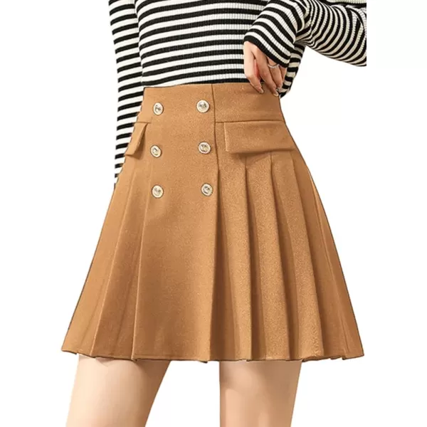 IDEALSANXUN Wool Pleated Knee Length Skirt for Women High Waisted Flared A Line Fall Winter Skirt2 Camel