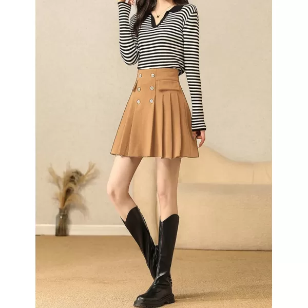 IDEALSANXUN Wool Pleated Knee Length Skirt for Women High Waisted Flared A Line Fall Winter Skirt2 Camel