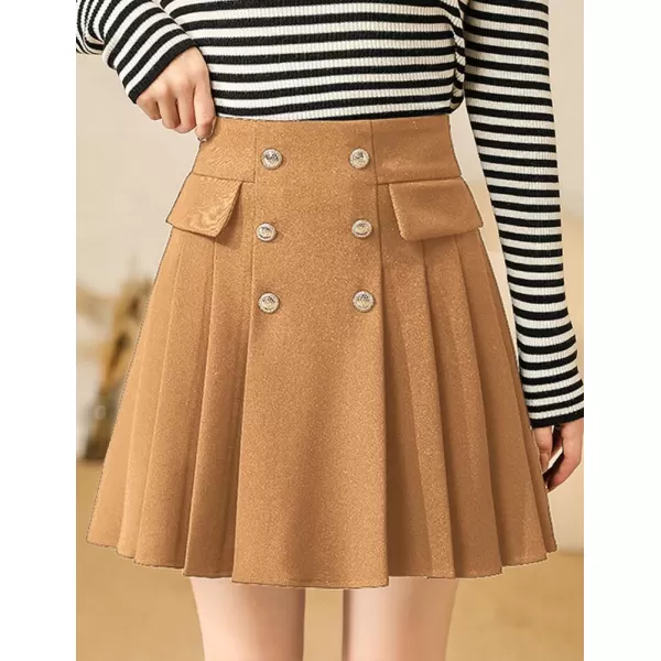 IDEALSANXUN Wool Pleated Knee Length Skirt for Women High Waisted Flared A Line Fall Winter Skirt2 Camel