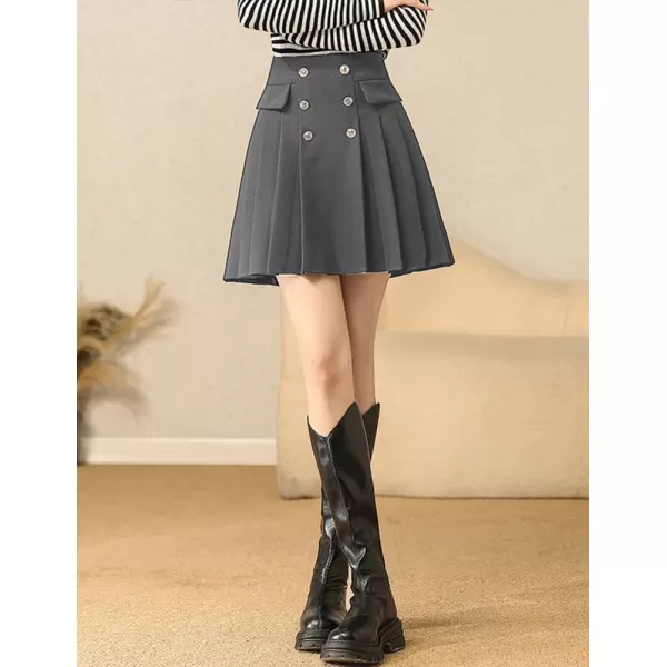 IDEALSANXUN Wool Pleated Knee Length Skirt for Women High Waisted Flared A Line Fall Winter Skirt2 Grey