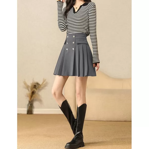 IDEALSANXUN Wool Pleated Knee Length Skirt for Women High Waisted Flared A Line Fall Winter Skirt2 Grey