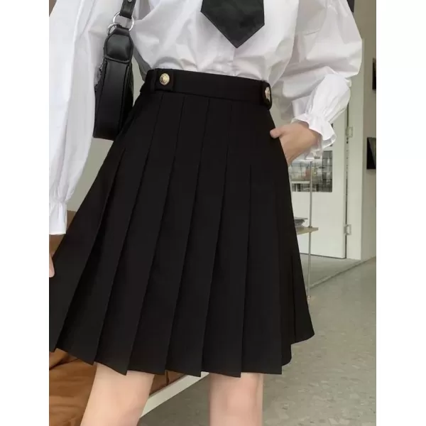 IDEALSANXUN Wool Pleated Knee Length Skirt for Women High Waisted Flared A Line Fall Winter SkirtBlack