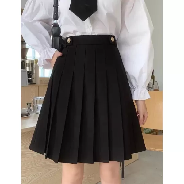 IDEALSANXUN Wool Pleated Knee Length Skirt for Women High Waisted Flared A Line Fall Winter SkirtBlack
