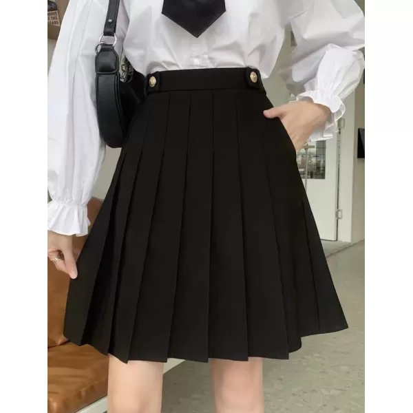 IDEALSANXUN Wool Pleated Knee Length Skirt for Women High Waisted Flared A Line Fall Winter SkirtBlack