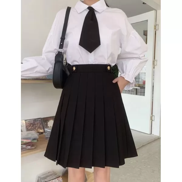 IDEALSANXUN Wool Pleated Knee Length Skirt for Women High Waisted Flared A Line Fall Winter SkirtBlack