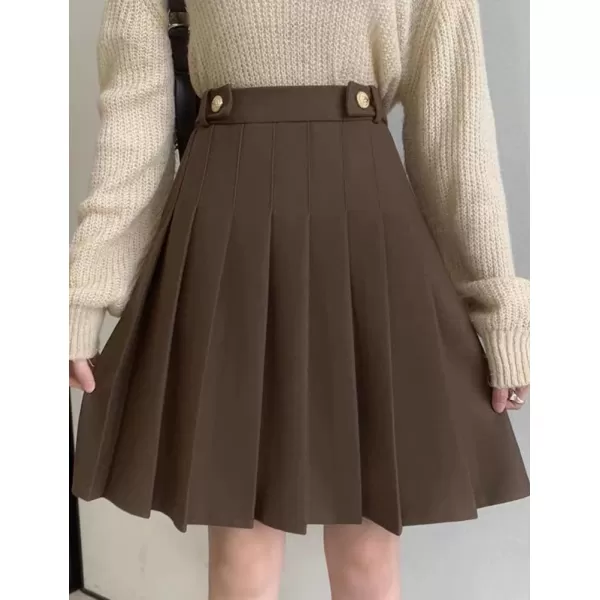 IDEALSANXUN Wool Pleated Knee Length Skirt for Women High Waisted Flared A Line Fall Winter SkirtCoffee