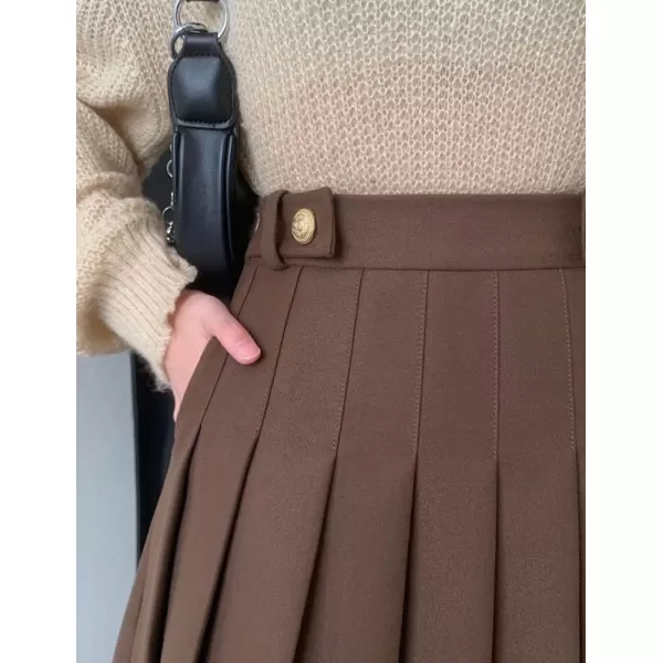 IDEALSANXUN Wool Pleated Knee Length Skirt for Women High Waisted Flared A Line Fall Winter SkirtCoffee