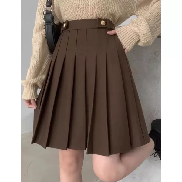 IDEALSANXUN Wool Pleated Knee Length Skirt for Women High Waisted Flared A Line Fall Winter SkirtCoffee