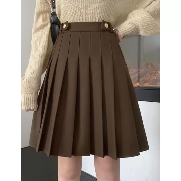 IDEALSANXUN Wool Pleated Knee Length Skirt for Women High Waisted Flared A Line Fall Winter SkirtCoffee