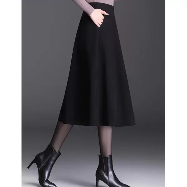 IDEALSANXUN Wool Skirts for Women Midi Length High Waisted A Line Swing SkirtBlack