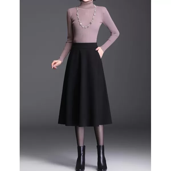 IDEALSANXUN Wool Skirts for Women Midi Length High Waisted A Line Swing SkirtBlack