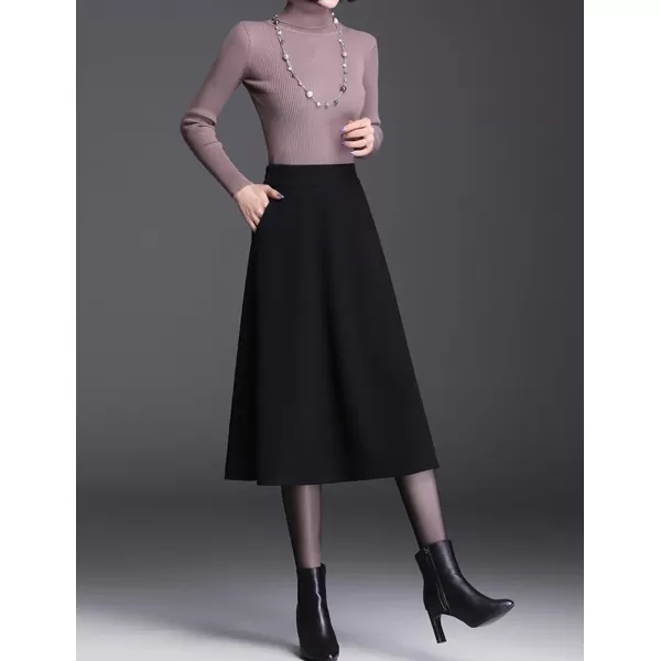 IDEALSANXUN Wool Skirts for Women Midi Length High Waisted A Line Swing SkirtBlack