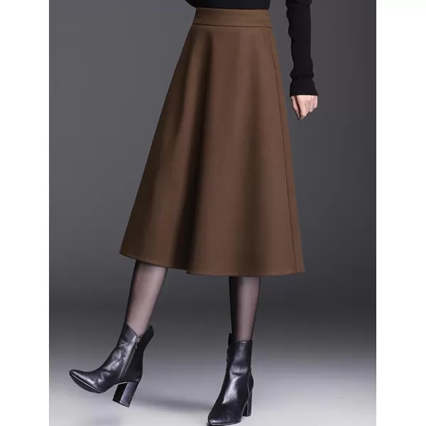 IDEALSANXUN Wool Skirts for Women Midi Length High Waisted A Line Swing SkirtCoffee