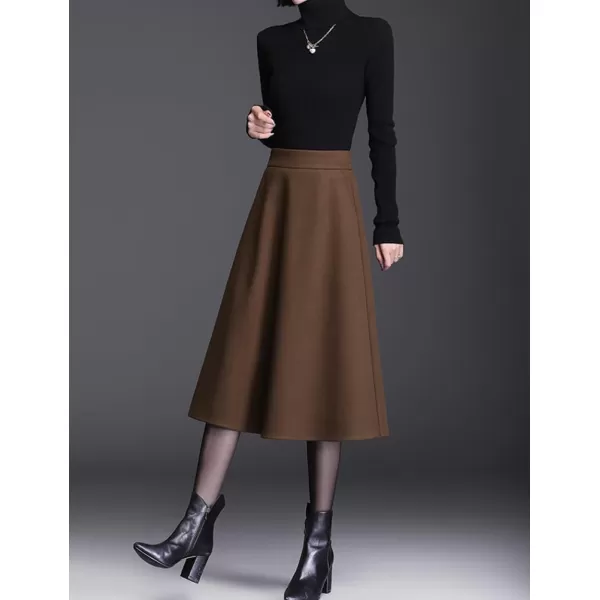 IDEALSANXUN Wool Skirts for Women Midi Length High Waisted A Line Swing SkirtCoffee