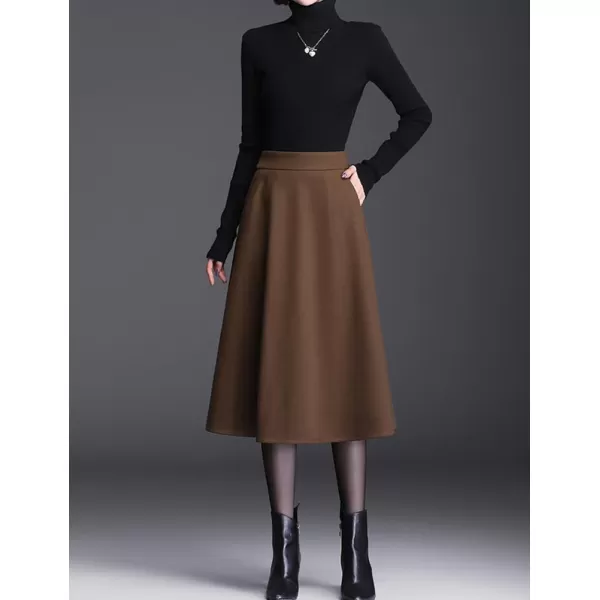 IDEALSANXUN Wool Skirts for Women Midi Length High Waisted A Line Swing SkirtCoffee