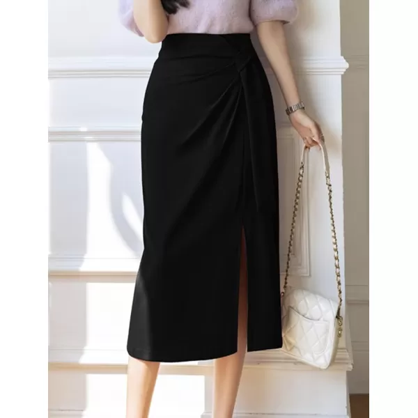 IDEALSANXUN Wrap Midi Skirt for Women High Waisted Ruched A Line Fall Winter Skirt with SlitBlack