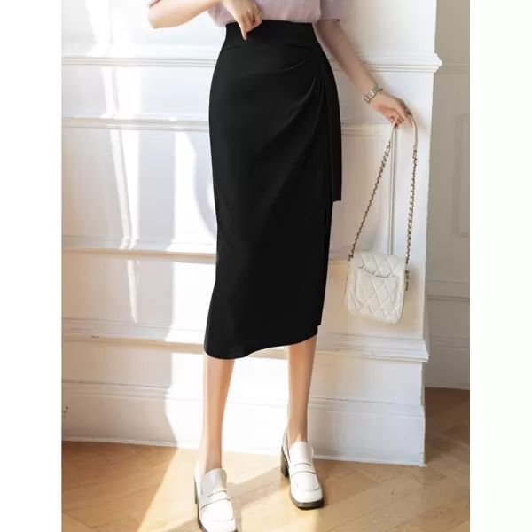 IDEALSANXUN Wrap Midi Skirt for Women High Waisted Ruched A Line Fall Winter Skirt with SlitBlack