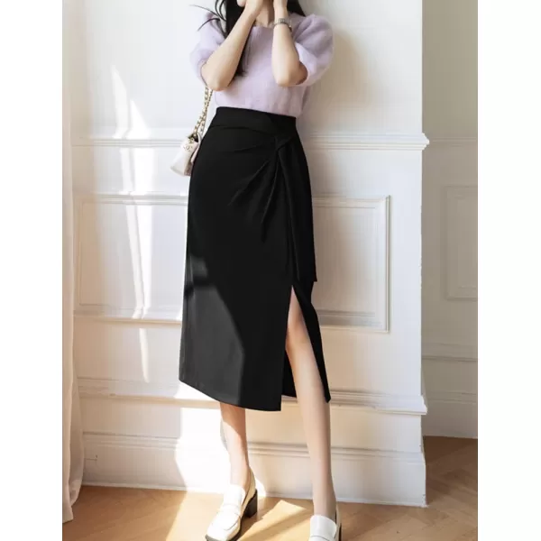 IDEALSANXUN Wrap Midi Skirt for Women High Waisted Ruched A Line Fall Winter Skirt with SlitBlack
