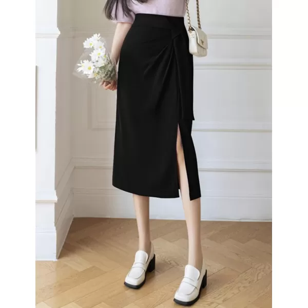 IDEALSANXUN Wrap Midi Skirt for Women High Waisted Ruched A Line Fall Winter Skirt with SlitBlack