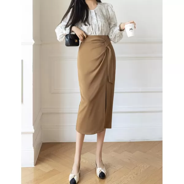 IDEALSANXUN Wrap Midi Skirt for Women High Waisted Ruched A Line Fall Winter Skirt with SlitKhaki