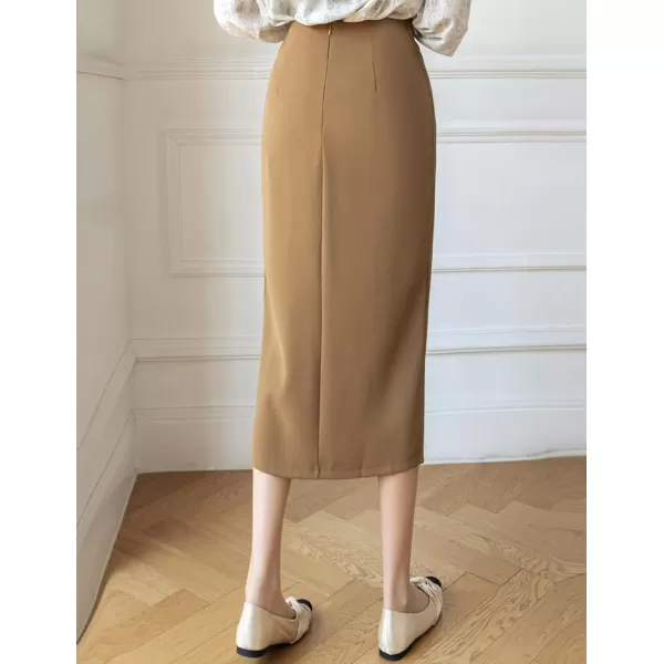 IDEALSANXUN Wrap Midi Skirt for Women High Waisted Ruched A Line Fall Winter Skirt with SlitKhaki