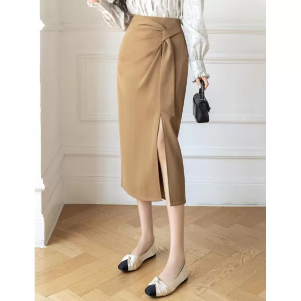 IDEALSANXUN Wrap Midi Skirt for Women High Waisted Ruched A Line Fall Winter Skirt with SlitKhaki