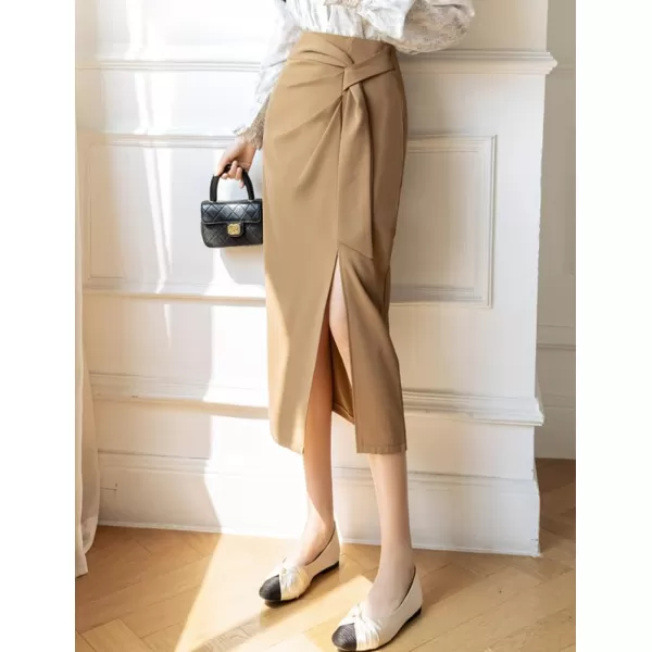 IDEALSANXUN Wrap Midi Skirt for Women High Waisted Ruched A Line Fall Winter Skirt with SlitKhaki