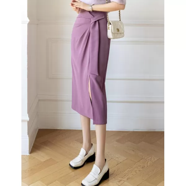 IDEALSANXUN Wrap Midi Skirt for Women High Waisted Ruched A Line Fall Winter Skirt with SlitLight Purple