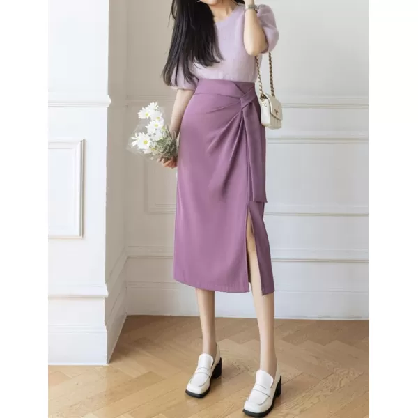 IDEALSANXUN Wrap Midi Skirt for Women High Waisted Ruched A Line Fall Winter Skirt with SlitLight Purple