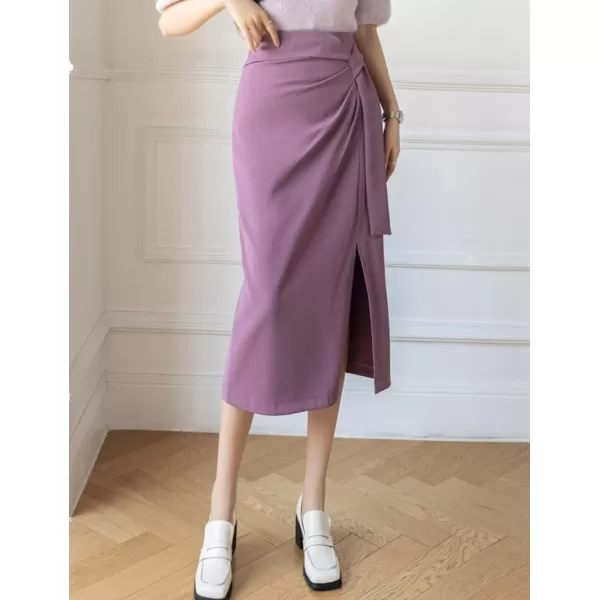 IDEALSANXUN Wrap Midi Skirt for Women High Waisted Ruched A Line Fall Winter Skirt with SlitLight Purple