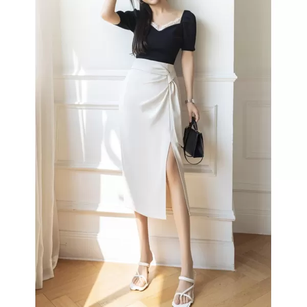 IDEALSANXUN Wrap Midi Skirt for Women High Waisted Ruched A Line Fall Winter Skirt with SlitWhite