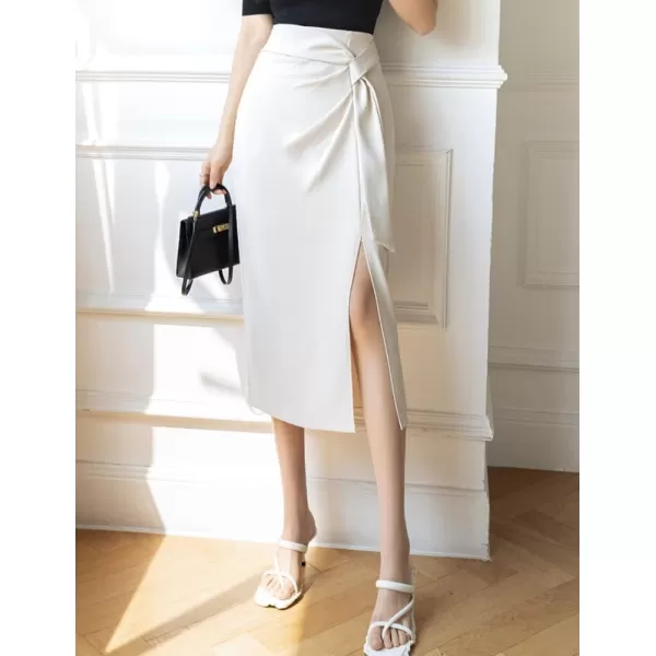IDEALSANXUN Wrap Midi Skirt for Women High Waisted Ruched A Line Fall Winter Skirt with SlitWhite