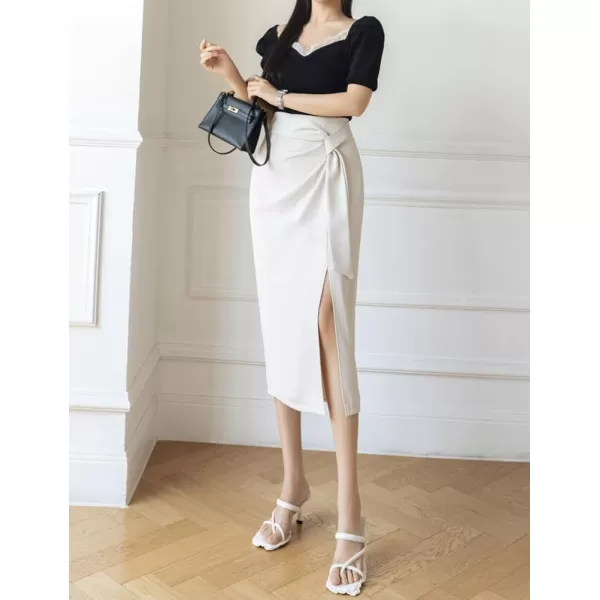 IDEALSANXUN Wrap Midi Skirt for Women High Waisted Ruched A Line Fall Winter Skirt with SlitWhite