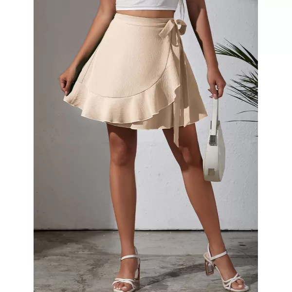 IDEALSANXUN Wrap Mini Skirt for Women High Waisted A Line Ruffle Tip Waisted Flowy Short Spring Summer SkirtBeige