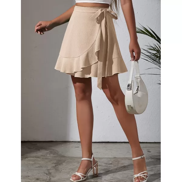 IDEALSANXUN Wrap Mini Skirt for Women High Waisted A Line Ruffle Tip Waisted Flowy Short Spring Summer SkirtBeige