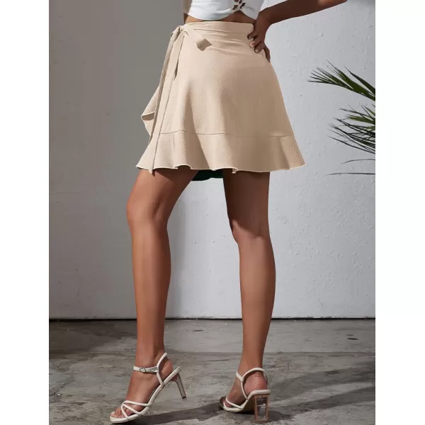 IDEALSANXUN Wrap Mini Skirt for Women High Waisted A Line Ruffle Tip Waisted Flowy Short Spring Summer SkirtBeige