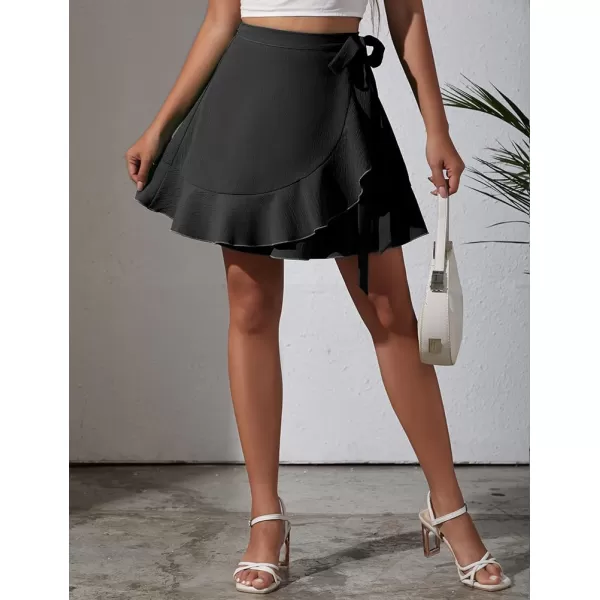 IDEALSANXUN Wrap Mini Skirt for Women High Waisted A Line Ruffle Tip Waisted Flowy Short Spring Summer SkirtBlack