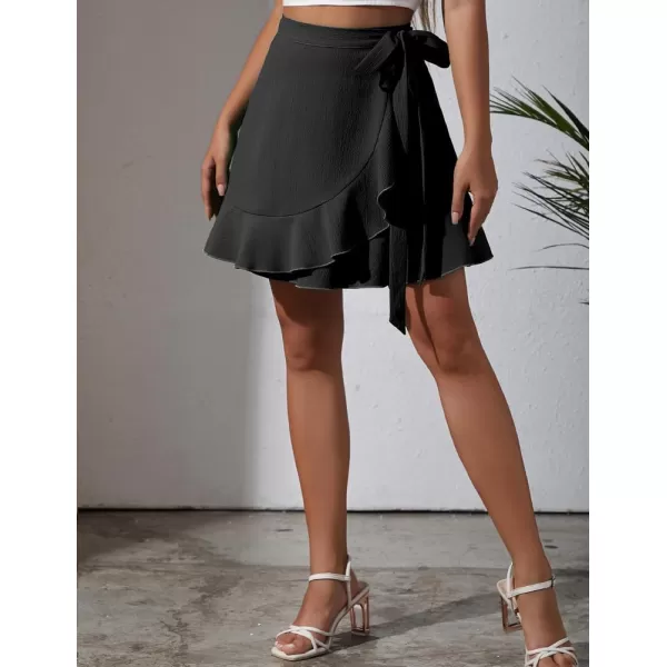 IDEALSANXUN Wrap Mini Skirt for Women High Waisted A Line Ruffle Tip Waisted Flowy Short Spring Summer SkirtBlack