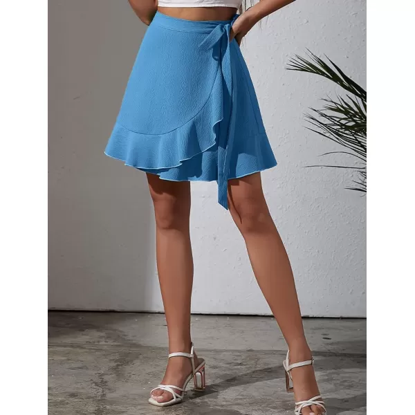 IDEALSANXUN Wrap Mini Skirt for Women High Waisted A Line Ruffle Tip Waisted Flowy Short Spring Summer SkirtBlue