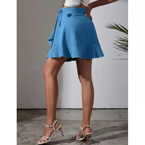 IDEALSANXUN Wrap Mini Skirt for Women High Waisted A Line Ruffle Tip Waisted Flowy Short Spring Summer SkirtBlue