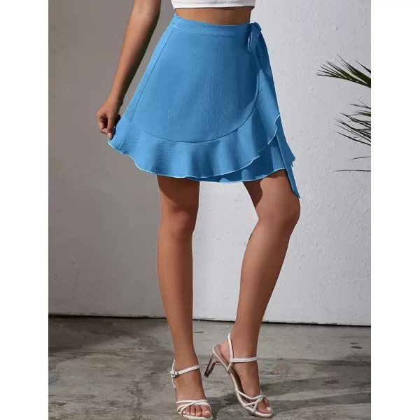 IDEALSANXUN Wrap Mini Skirt for Women High Waisted A Line Ruffle Tip Waisted Flowy Short Spring Summer SkirtBlue