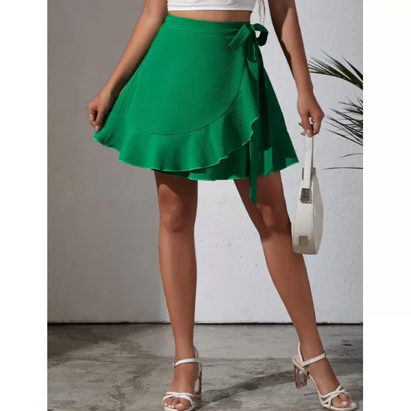 IDEALSANXUN Wrap Mini Skirt for Women High Waisted A Line Ruffle Tip Waisted Flowy Short Spring Summer SkirtGreen