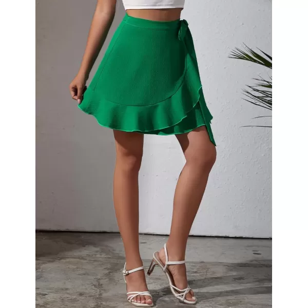 IDEALSANXUN Wrap Mini Skirt for Women High Waisted A Line Ruffle Tip Waisted Flowy Short Spring Summer SkirtGreen