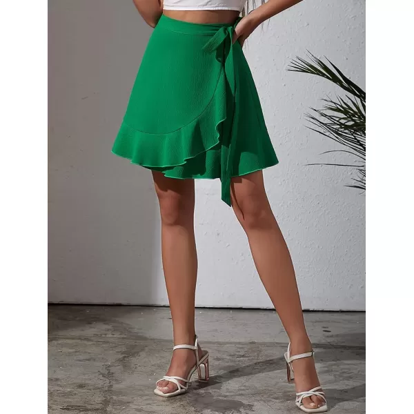 IDEALSANXUN Wrap Mini Skirt for Women High Waisted A Line Ruffle Tip Waisted Flowy Short Spring Summer SkirtGreen